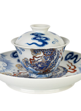圣山仿古青花元代设计款青花貔貅陶瓷茶具盖碗景德镇手工陶瓷盖碗