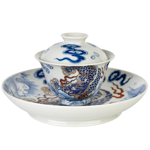 圣山仿古青花元代设计款青花貔貅陶瓷茶具盖碗景德镇手工陶瓷盖碗