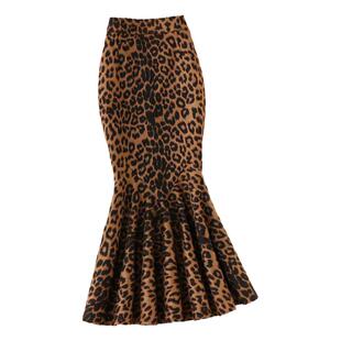 复古时髦深棕色豹纹半身裙秋冬过膝鱼尾长裙包臀梨形身材遮胯显瘦