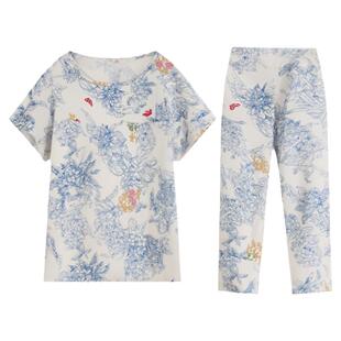 妈妈睡衣女夏天休闲棉绸套装中老年女士居家服奶奶人造棉短袖薄款