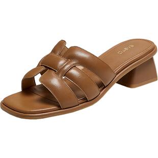 百思图夏新款时尚舒适休闲一字拖粗跟外穿女度假拖鞋TS110BT5