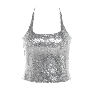 【Peach heart】亮片挂脖辣妹吊带短款上衣U领吊带性感露背心闪片