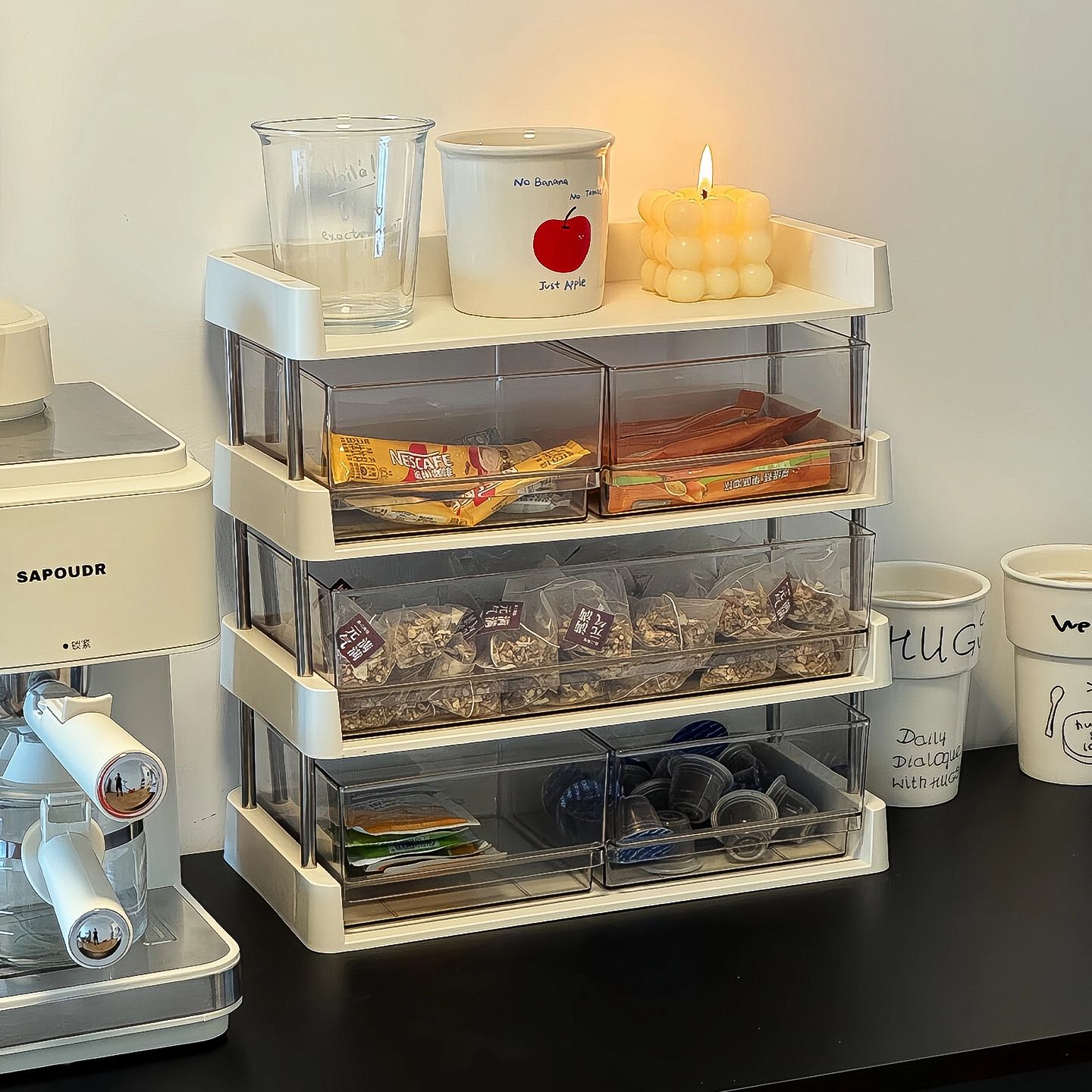 奶油风茶包收纳盒胶囊咖啡防尘带盖式办公室茶水间桌面整理收纳盒