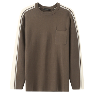 KUYIOU/横机提花侧条纹 精梳棉下摆开叉宽松针织衫圆领卫衣男 W10