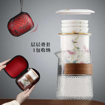 尚言坊严选玻璃便携式茶具旅行套装泡茶壶一壶三杯陶瓷茶杯快客杯