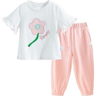 贝贝怡童装儿童衣服套装夏季薄款女童衣服上衣裤子两件套透气T恤
