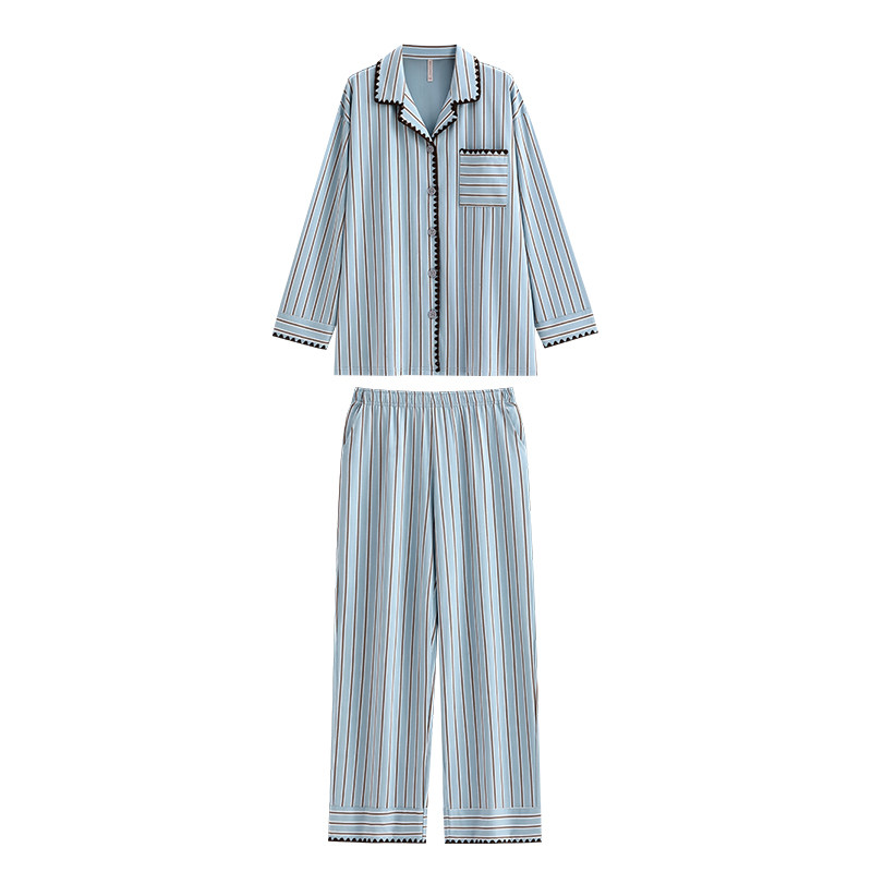 悦内睡衣女春秋款秋季纯棉长袖大码家居服时尚休闲开衫竖条纹套装