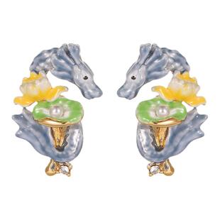 原创设计感2024年新款珐琅釉珍珠荷花荷叶青龙925银针耳钉龙耳饰