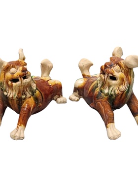 唐三彩陶瓷狮子摆件中式博古架