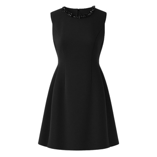 秋水伊人气质圆领无袖连衣裙2026年春季新款女领口珠饰优雅A字裙