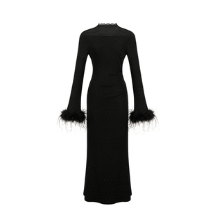 木子李的李轻奢烫钻高级感针织连衣裙半高领网纱修身鱼尾裙长裙冬