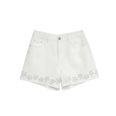 3ts夏季小香风立体镂空牛仔短裤白色山茶花刺绣显瘦裤子