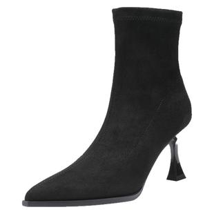 大东官方尖头加绒短靴女款2026新款冬季黑色靴子细跟配裙子高跟鞋