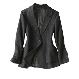 一眼显贵~复古人字纹虚线竖条纹修身显瘦一粒扣羊毛西装外套女秋