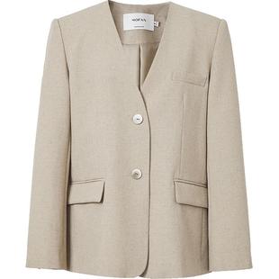 MOFAN摩凡时髦经典V领西装外套女2025秋冬款灰绿色休闲西服上衣