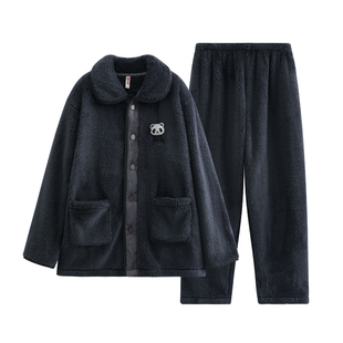 芬腾珊瑚绒男士睡衣秋冬季加绒加厚翻领青年冬休闲大码家居服套装