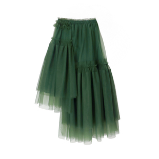 TEATREE自制 网纱拼接半身裙中长款百褶裙大摆不规则纱裙夏墨绿仙
