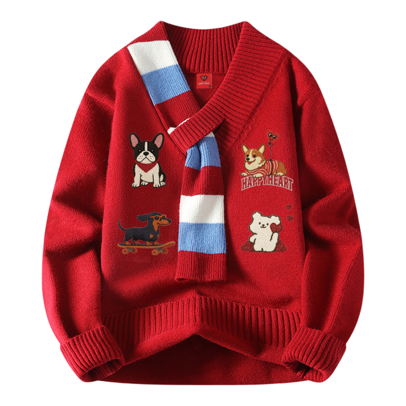 查尔斯桃心小狗印花毛衣男秋冬季宽松2025新款休闲情侣套头针织衫