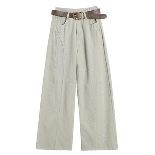 巨好看的奶茶色烫钻弯刀牛仔裤女2026春天新款小个子高腰阔腿裤子