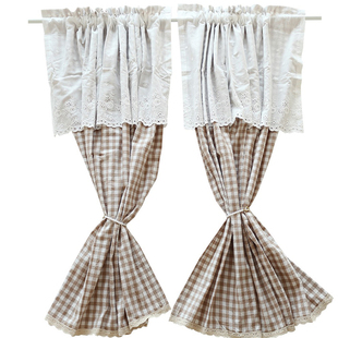 鸢尾乡旅卡其格子绣花棉布窗帘门帘短帘穿杆帘柜帘防尘帘咖啡帘