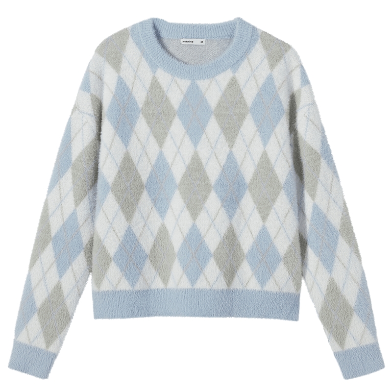 热风女士绒感打底衫毛衣025年冬季新款复古菱格绒感圆领针织衫