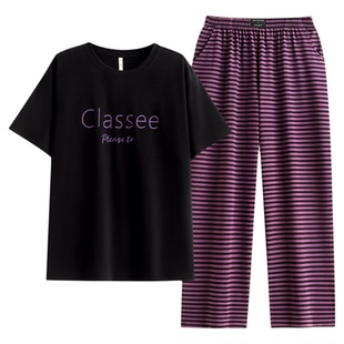 悦内睡衣女款夏季夏天短袖长裤纯棉家居服圆领套头休闲可外穿夏款