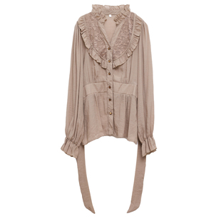 ohmyloli 宫廷复古肌理感奶茶色系带收腰花边小立领长袖衬衫