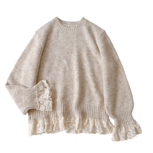 毛衣 初见沫森日系圆领甜美蕾丝花边拼接宽松套头百搭针织衫9149
