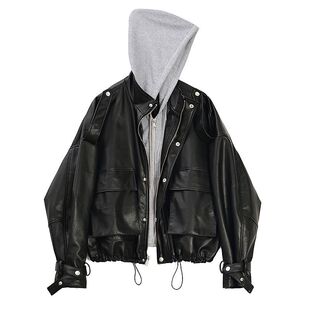 假两件皮衣外套女2025秋冬新款拼接小个子宽松短款机车服pu皮夹克