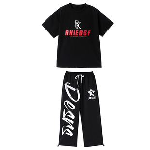 儿童街舞演出服男童嘻哈宽松透气舒适夏季服装女孩舞蹈练功服套装