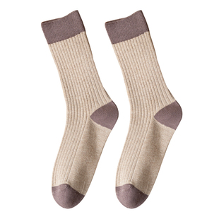 长袜女纯棉秋冬堆堆袜中筒诸暨双针学院风外穿撞色春秋长筒袜子潮