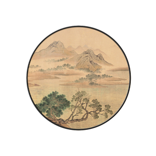 山水画圆形玄关装饰画新中式入户走廊挂画迎客松高档客厅过道壁画