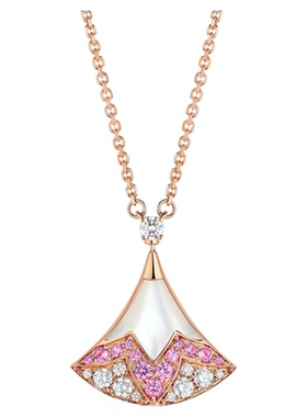 潮港福18K金粉色扇形小裙子项链