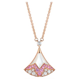 潮港福18K金粉色小裙子项链 女纯银白贝母扇形锁骨链黄金轻奢送礼