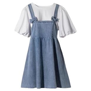奶盐系小个子牛仔背带连衣裙学生2026新款夏季蝴蝶结泡泡袖上衣女