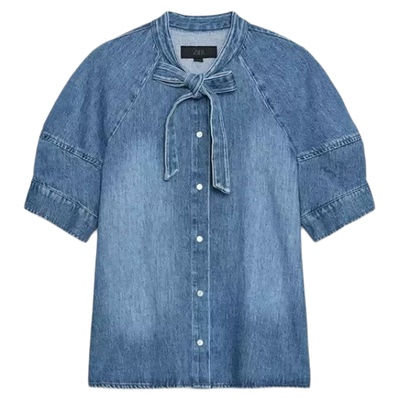 法式礼节蝴蝶结饰软质牛仔衬衫