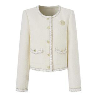 秋冬新款法式优雅通勤千金小香风编织羊毛粗花呢短款外套杏色上衣