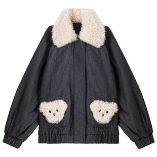 KEIKO [绗缝夹棉] 复古拼接毛领牛仔棉服冬季巴恩风加厚棉袄外套