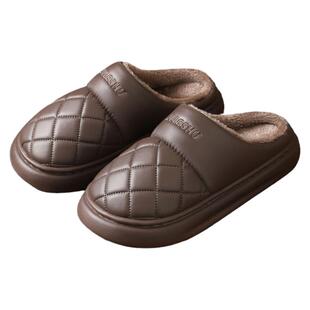 防水棉拖鞋男款包头新款家居室内地板防滑加厚加绒pu皮面棉拖男士