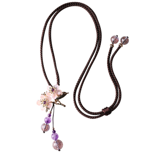 复古紫水晶琉璃毛衣链挂件项链花朵吊坠挂饰配饰链子紫色国风中式