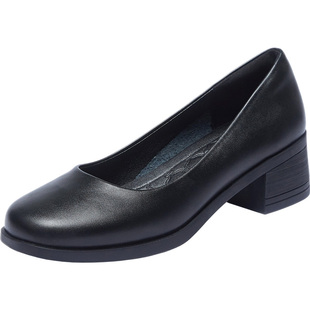 圆头粗跟4.5黑色女皮鞋上班单鞋公考面试中高跟鞋软底空姐工作鞋