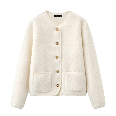 拉夏贝尔/La Chapelle仿羊羔绒圆领开衫外套女冬季新款摇粒绒上衣