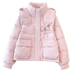 奶黄色连帽短款羽绒服女士2025冬季新款洋气小个子加厚面包服外套