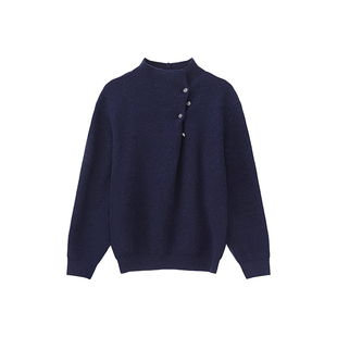 秋冬慵懒风立领不规则金属纽扣设计款毛衣针织衫男女情侣重磅毛衫