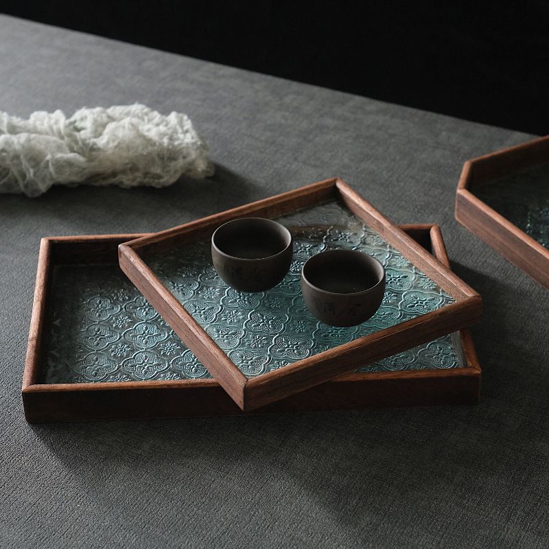 中式复古长方形家用茶盘茶水点心水果收纳玻璃盘摆件木质杯子托盘