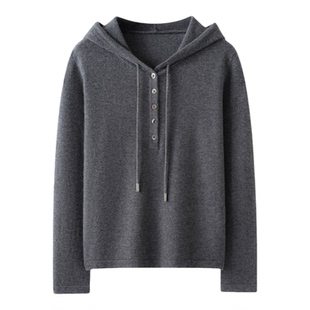 2025秋冬季新款100%纯山羊绒衫女款连帽宽松休闲卫衣纯色套头针织