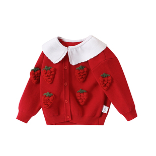 女童开衫毛衣春秋装儿童洋气红色毛衫纯棉针织衫新款小童宝宝上衣