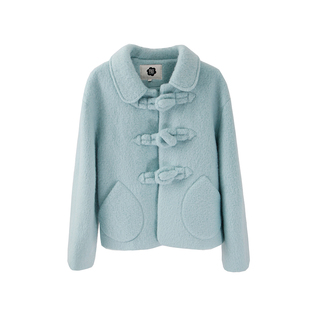 有耳uare原创设计 babyblue 冰岛蓝含羊毛牛角扣毛呢大衣短外套