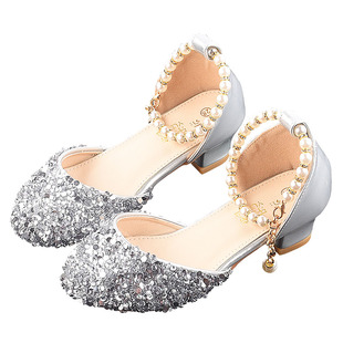 女童皮鞋高跟公主鞋小女孩主持人演出走秀礼服鞋子银色儿童水晶鞋