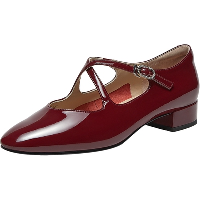 真美诗牛皮显瘦交叉带玛丽珍鞋